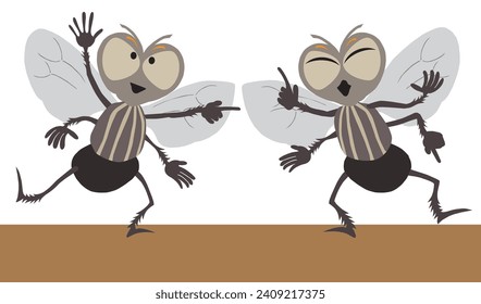 A couple of cartoon flies are showing off their dance moves