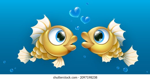 Couple Cartoon Gold Fishes With Heart Bubbles. Valentine's Day Card.