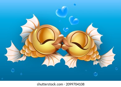 Couple Cartoon Gold Fishes Kiss With Heart Bubbles. Valentine's Day Card.