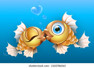 Couple Cartoon Gold Fishes Kiss With Heart Bubbles. Valentine's Day Card.