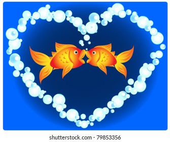 Couple of cartoon goldfish in love, kissing in a heart shape made of air bubbles, fun valentine's card or other love related occasion.