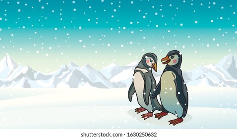 Couple of cartoon magellanic penguins and snowy mountains on a blue sky background. Vector illustration.