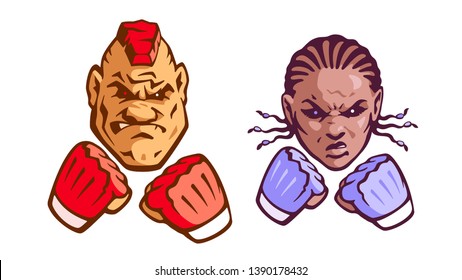 Couple of cartoon MMA fighters. Emoji of angry male boxer with a red boxing gloves. Furious dark skinned female fighter with aggressive braided
hairstyle. Mixed martial arts stickers, icons or smileys