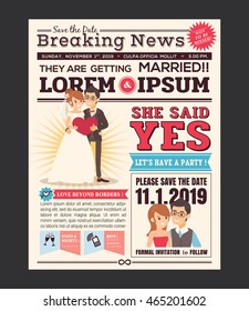 Couple Cartoon Newspaper Journal Wedding Invitation Vector Design Template