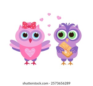 A couple of cartoon owls with a gift in a festive package and hearts. Cute bright set of owls. Valentine's Day, birthday, wedding.