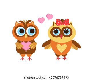 A couple of cartoon owls with hearts. Cute colorful set of owls in love. Valentine's Day, birthday, wedding.