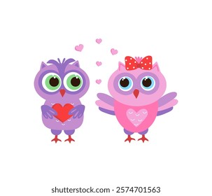 A couple of cartoon owls in love with hearts. Cute bright set of owls. Valentine's Day, birthday, wedding.