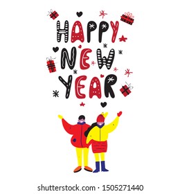 Couple of cartoon people in winter clothes. Characters illustrations for your design.Happy winter vacation. Warmly dressed people. Merry christmas vacation. Vector illustration in a flat style