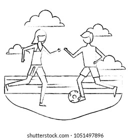 couple cartoon playing in the beach with soccer ball