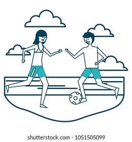 couple cartoon playing in the beach with soccer ball