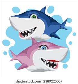 A couple of Cartoon Sharks on a white background. Vector illustration.