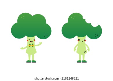 Couple of cartoon style broccoli characters, cute and smiling and sad with bite mark.
