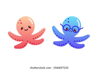Couple of cartoon style cute baby octopus characters happy and sad.
