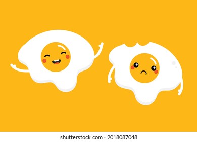 Couple of cartoon style fried egg characters cute and smiling and sad with bite mark for breakfast food design.