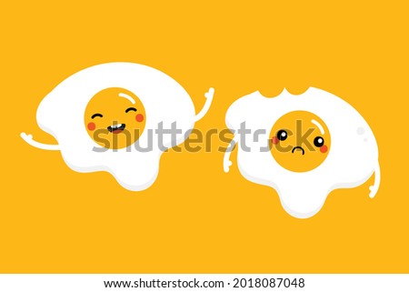 Couple of cartoon style fried egg characters cute and smiling and sad with bite mark for breakfast food design.
