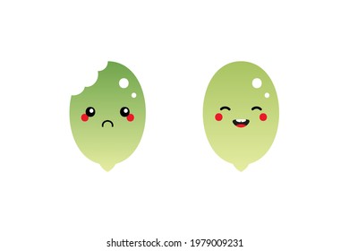 Couple of cartoon style green raw shelled pumpkin seeds characters, cute and smiling and sad with bite mark.