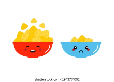 Couple of cartoon style nacho chips, tortilla chips bowls, happy and full and sad half empty bowl characters.