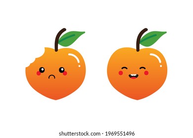 Couple of cartoon style peach fruit characters cute and smiling and sad with bite mark.