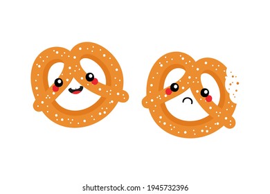 Couple of cartoon style pretzel, knot-shaped baked pastry characters cute and smiling and sad with bite mark.