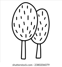 Couple of cartoon trees. Two deciduous trees. Black and white vector illustration, hand-drawn. An isolated object on a white background. Clipart, template, sketch, icon.