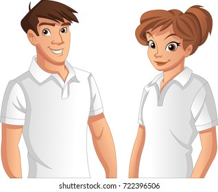 Couple of cartoon young people wearing white polo shirt
