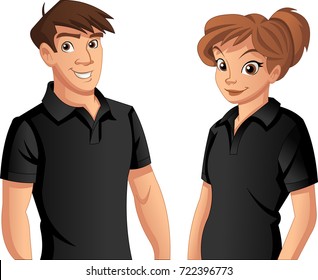 Couple of cartoon young people wearing black polo shirt