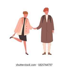 Couple in casual clothes on romantic date. Girlfriend in heels holding her boyfriend hand. Trendy pair of young people in love together. Flat vector cartoon illustration isolated on white background