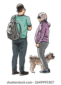 Couple casual modern city dwellers with dog standing and talking outdoors, realistic hand drawn vector illustration isolated on white background