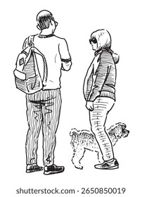 Couple casual modern city dwellers with dog standing and talking outdoors, realistic sketch vector illustration isolated on white background