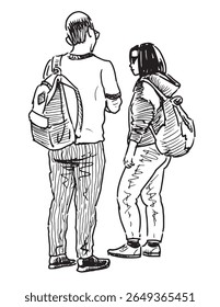 Couple casual modern young tourists people standing and talking outdoors, contour hand drawn vector illustration isolated on white background