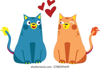 Couple Cat Cartoon Character Flat Vector Illustration. Cute cartoon cat couple vector illustration with heart symbols. Funny colorful animal characters in flat design style isolated on light background. Perfect for kids design, stickers, greeting cards, mascot, nursery, and Valentine themed projects.