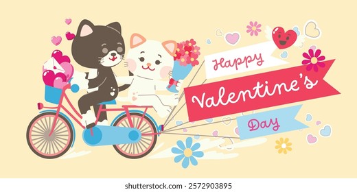 Couple Cat Character In Love On Bicycle Celebrate Valentine,s Day, With Love Elements