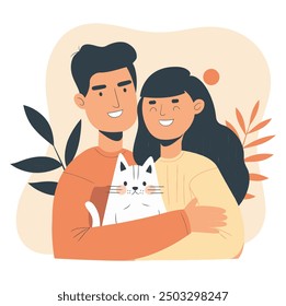 Paar mit Katze, Ideal für Liebe und Haustier Themen - Flat Vector Illustration