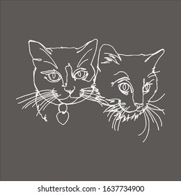 Couple cat line art pencil drawing