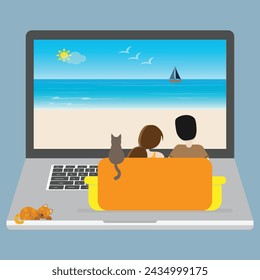 Couple and a cat sitting on a sofa on a laptop and looking at the screen with a seascape image