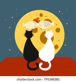 Couple cat watching full moon cartoon vector illustration