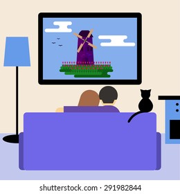 couple and cat watching television sitting on the couch in room. Cartoon illustration in trendy flat style for use in design for card, invitation, poster, banner, placard, billboard cover