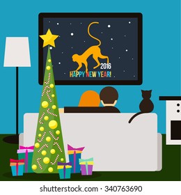 couple and cat watching television sitting on couch in room. Happy New Year funny cartoon card. Room interior. couch, couple, tv for card, invitation, poster, placard, banner. Couple, couch, family