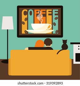 Couple, Cat Watching Together Coffee Advertising On Television Sitting On Couch. Flat Style. Couch, Couple, Tv, Coffee, Cat. Couch. Orange Couch. Couple, Couch, Family, Tv, Film, Movie. Couch, Couple