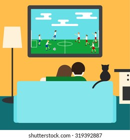 Couch und Katze sehen zusammen Fußball im Fernsehen sitzen auf der Couch im Zimmer. Flacher Stil für Design-Karte, Einladung, Poster, Banner, Plakat, Plakat, Plakatwand. Fußball. Paar, Sofa, TV. Katze auf dem Sofa.