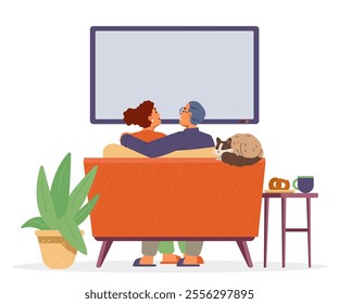 Couple with a cat watching TV together sitting on the couch flat vector illustration. View from the back.