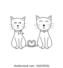 a couple of cats, black line, hand drawn doodle cartoon