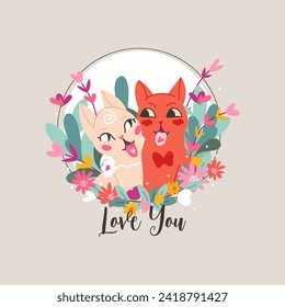 A couple of cats with heart candy. Two kittens in love. Happy Valentines Day greeting card. I Love You phrase on beige background