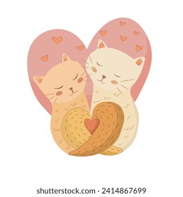 Couple of cats. Cats with hearts isolated on white background. Cute cats for St. Valentine's day, greeting card, wedding, postcard or other using. Cats forming heart with their tails. Vector.