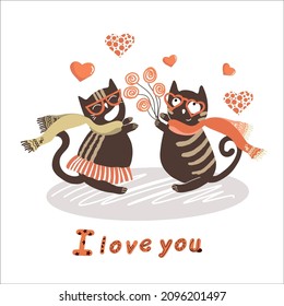 A couple of cats in love, a cat boy gives a cat to a girl a bouquet of abstract flowers, lettering I love you, declaration of love, Valentine's Day, Birthday.