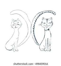 Couple of cats in love. Funny animal illustration. Isolated editable Image. 