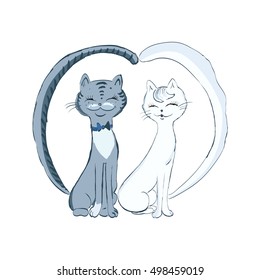 Couple of cats in love. Funny animal illustration. Isolated editable Image. 