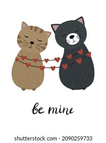 A couple of cats in love. Hand-drawn cats decorated with garland hearts. Vector illustration. Valentine's Day Card