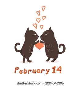 Couple of cats in love holding a heart, Valentine's Day, kiss, lettering I love you