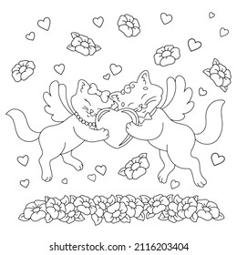 A couple of cats in love.Coloring book page for kids. Cartoon style character. Vector illustration isolated on white background. Valentine's Day.